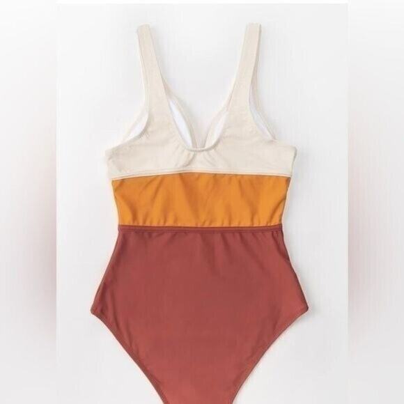 Women’s One-Piece Swimsuit M Orange Color Block V-Neck Wide Strap Cheeky - Picture 4 of 7